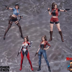 May include: Four female action figures in various outfits and poses, each holding weapons like handguns and knives. One wears a blue police uniform, another a red vest and shorts, one a red and white bodysuit, and the last a red jacket with blue jeans.