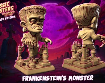 Puede incluir: Dos figuras beige de Frankenstein, vistas frontal y posterior, sobre una plataforma con un fondo de cementerio. El texto "CLASSIC MONSTERS CHUBHEADS EDITION" y "FRANKENSTEIN'S MONSTER" son visibles.