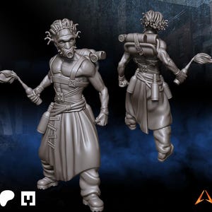 May include: A grey 3D-printed figurine of a muscular figure wearing a gas mask, straps, and a skirt-like garment. The figure holds a torch in each hand and has a backpack with two cylindrical tanks. The figure is in a dynamic pose.