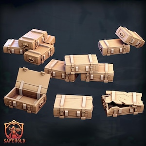 May include: Several light brown wooden crates with metal handles and straps. Some crates are closed, while others are open, revealing the interior. One crate has a damaged top. The Safehold logo is in the bottom left corner.
