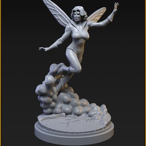 May include: A gray figurine of the Classic Wasp character, posed mid-flight with outstretched arms and insect-like wings. The figure is mounted on a circular base with a cracked surface, and rests on a cloud-like structure. The base is 40mm on a 35mm base.