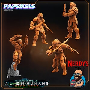 May include: Four brown miniature figures of alien humanoids in various action poses, each holding a sword. The figures are detailed with armor and textured skin. The image includes the text "PAPSIKELS", "Nerdy's Minis", and "Alien Humans".