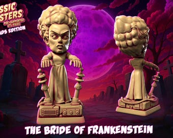 May include: A 3D-printed figurine of the Bride of Frankenstein, from the "Classic Monsters" series. The figure is light beige, with a stylized design, standing on a rectangular base with two decorative posts. The background features a graveyard scene with a purple moon.