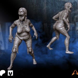May include: A 3D model of a female zombie, rendered in a grey tone, wearing a torn tank top and shorts. The model has an open mouth and detailed skin textures. The image shows two views of the zombie against a dark blue backdrop.