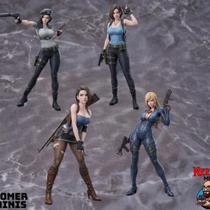 May include: Four detailed action figures of female characters in tactical gear. One wears a grey top and beret, one a blue tank top, one a blue tube top with a skirt, and one a dark blue bodysuit. Each figure holds various firearms and accessories.