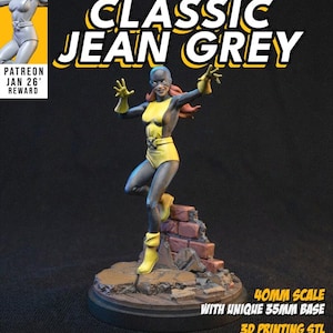Może przedstawiać: Miniatura w skali 40mm przedstawiająca Classic Jean Grey w dynamicznej pozie, w żółto-czarnym kostiumie. Figurka stoi na szczegółowej podstawie z elementami cegieł i gruzu. Obraz zawiera tekst "C2 STUDIO" i "3D PRINTING STL".