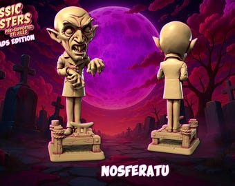 Könnte beinhalten: Eine beige Nosferatu-Figur aus den "Classic Monsters Chubheads Edition" STL-Dateien. Die Figur posiert vor einer Friedhofsszene mit einem lila Mond. Das Wort "NOSFERATU" steht unten.