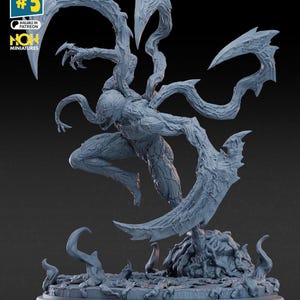 May include: A grey, unpainted resin miniature of a monstrous creature with a muscular build, sharp claws, and multiple tendrils extending from its back. The figure stands on a textured base with organic, root-like protrusions and text reading JUNE LINEUP #5.
