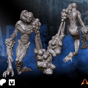 Może przedstawiać: Dwie szare, groteskowe figury potworów z wydłużonymi kończynami i bulwiastymi naroślami. Jedna figura jest zwrócona przodem, druga widoczna jest od tyłu. Postacie mają szczegółowe, szkieletowe cechy i są ustawione na ciemnym, zadymionym tle.