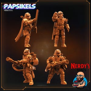 May include: Four miniature figurines of armored soldiers in a tan color. Each figure is in a different pose, holding weapons such as a chainsaw and a large machine gun. The top left corner has the text "Papsikels" and the bottom right corner has the text "Nerdy's Minis".