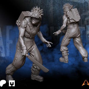 Może przedstawiać: Dwie szare figury postapokaliptycznego wojownika, z których jedna trzyma duży miecz. Noszą ochronny sprzęt, w tym nakrycie głowy z kolcami i plecak. Figury są ustawione na ciemnym tle z niebieską mgłą.