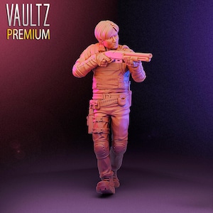 Puede incluir: Figura de color beige de una persona sosteniendo una escopeta, con equipo táctico y rodilleras. El texto "VAULTZ PREMIUM" es visible. El fondo es un degradado de morado y negro.