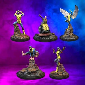 May include: Miniature figurines of comic book characters in dynamic poses. The figures are painted in bright colors, including yellow, blue, and red, and are mounted on detailed terrain bases. The background is a gradient of purple and blue.