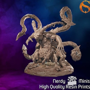 May include: A detailed resin miniature of a mythical creature with a goat-like body, scorpion tail, and large horns. The figure is in a dynamic pose, with intricate detailing. The base reads "Nerdy Minis High Quality Resin Prints".