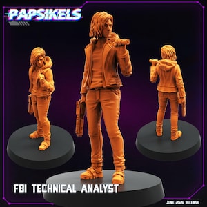 May include: A monochromatic orange miniature figurine of an FBI technical analyst standing on a black circular base. The figure has shoulder-length hair, wears a hooded jacket and pants, holds a handgun in one hand, and a baton over the shoulder.