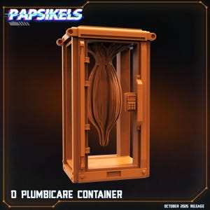 May include: An orange-brown container with a stylized, organic form inside. The container has a door with a keypad and handle. The text "D PLUMBICARE CONTAINER" is at the bottom, with "OCTOBER 2025 RELEASE" below it. The logo "PAPSIKELS" is at the top.