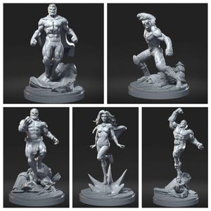 May include: A collection of five gray superhero figurines in dynamic poses. Each figure is on a circular base with detailed elements, including capes, and stylized bases. The figures are in various action poses, showcasing a range of superhero aesthetics.