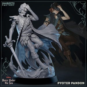 May include: A gray painted miniature figurine of a person wearing a hat and holding a sword. The figurine is standing on a base with a swirling design. The text "Fateless Voice Under the Sea" and "PYOTER PANDON" are visible on the base.