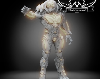 May include: A futuristic, white and gray armored figure with glowing yellow accents. The figure is in a standing pose with one arm raised. The image includes the text "Black Remnant" in a banner.