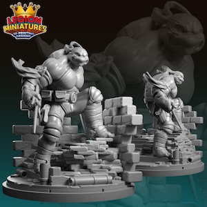 May include: A gray 3D-printed miniature of a Teenage Mutant Ninja Turtle in a dynamic pose, holding a weapon. The figure is set on a detailed, textured base resembling a brick structure. The Legion Miniatures logo is visible.