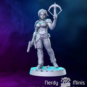 May include: A gray 3D printed miniature of a female figure holding a crossbow and a pistol. The figure is wearing a leather jacket, a tank top, and pants. The figure is standing on a circular base.