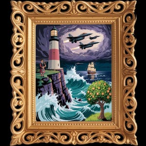 May include: A framed print depicts a coastal scene with a lighthouse, crashing waves, and a sailboat. Jets fly overhead in a stormy sky. A man in traditional Scottish attire plays bagpipes near the lighthouse. The frame is ornate gold.