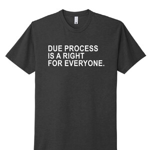 Puede incluir: Camiseta gris oscuro con el texto blanco "DUE PROCESS IS A RIGHT FOR EVERYONE". La camiseta tiene cuello redondo y mangas cortas. La tela parece ser un material suave y jaspeado.