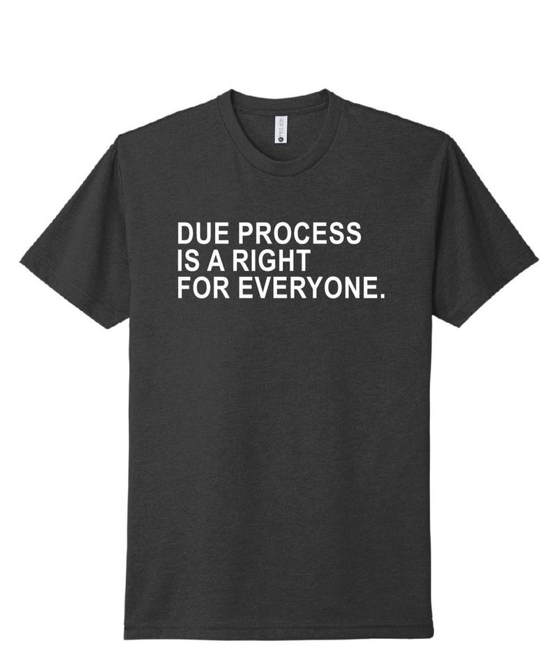 Puede incluir: Camiseta gris oscuro con el texto blanco "DUE PROCESS IS A RIGHT FOR EVERYONE". La camiseta tiene cuello redondo y mangas cortas. La tela parece ser un material suave y jaspeado.