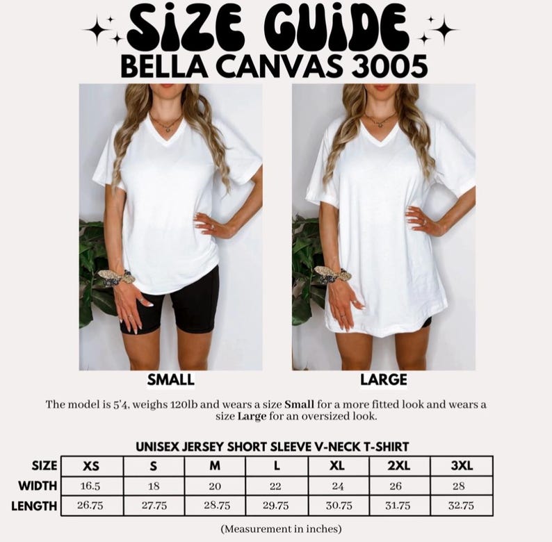Puede incluir: Camisetas blancas unisex con cuello en V, con una gu&iacute;a de tallas. La gu&iacute;a muestra medidas en pulgadas para las tallas XS a 3XL. La modelo mide 163 cm y pesa 54 kg. El texto "SIZE GUIDE BELLA CANVAS 3005" est&aacute; arriba.