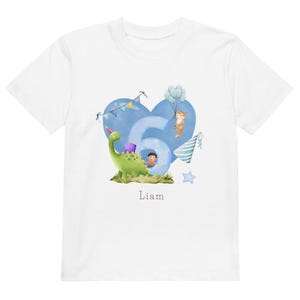 Dino Geburtstag Shirt für Jungen - Personalisiertes 6 Jahre Elefant T-Shirt mit Namen - Kindergeburtstag Outfit - Passendes Märchenbuch & Karten Geschenkset