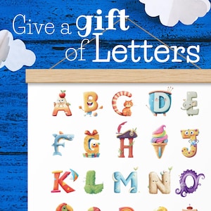 ABC Poster mit Holzrahmen - Assoziationsbuchstaben - Alphabet Druck Ich wähle die Holzrahmenoption I Kinderzimmer oder Klassenzimmerdekor