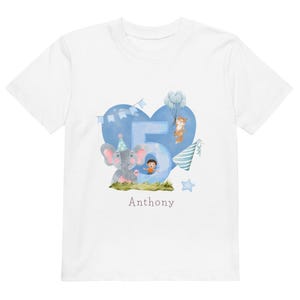 Camiseta de cumpleaños personalizada para niños de 5 años con diseño de elefante y nombre personalizado. Ideal para regalo de cuentos y tarjetas.