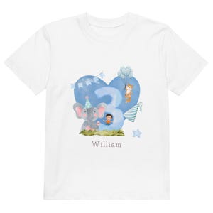 Dino Geburtstag Shirt für Jungen - Personalisiertes 3 Jahre Elefant T-Shirt mit Namen - Kindergeburtstag Outfit - Passendes Märchenbuch & Karten Geschenkset