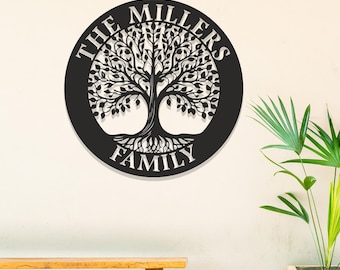 Benutzerdefinierte Familienname Metallwandkunst: Personalisiertes Baum des Lebens-Zeichen