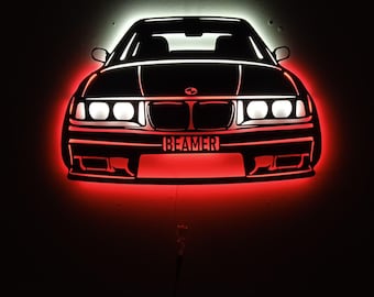 Personalisierte LED BMW E36 Metallwandkunst, Autogarage Dekor