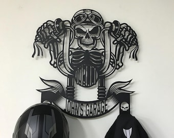 Kundenspezifischer Metallschädel-Motorradhelm-Halter, Garagen-Wand-Kunst