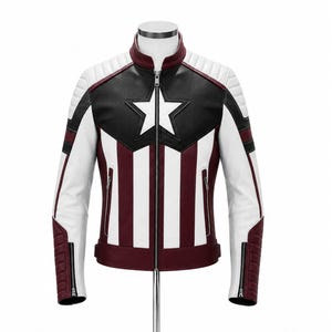 Puede incluir: Chaqueta de cuero con dise&ntilde;o patri&oacute;tico. La chaqueta presenta un pecho negro con una estrella blanca, rayas blancas y burdeos, y hombros acolchados blancos. Tiene cremallera frontal y cremalleras en las mangas.