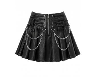 Gothic Schwarz Leder Falten Mini Rock mit Ketten - Punk Schnürung Skater Style