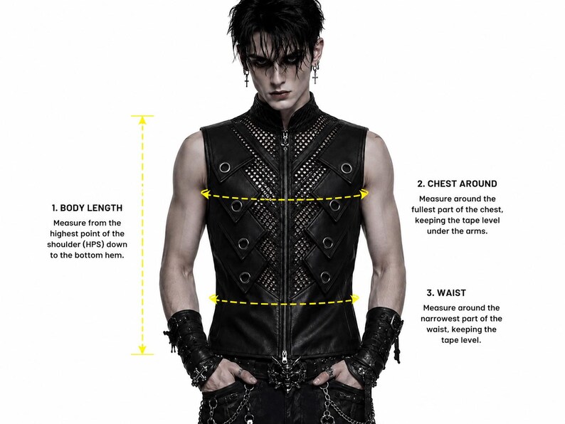 Puede incluir: Un chaleco negro sin mangas con cremallera frontal, cuello alto y un panel central con textura perforada. La prenda incluye solapas triangulares decorativas con ojales met&aacute;licos y se muestra con gu&iacute;as de medici&oacute;n para el largo, el pecho y la cintura.