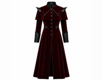 Frauen Burgund Samt Gothic Trenchcoat | Viktorianischer Mittelalter Langer Mantel | Ein Vampir Cosplay