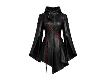 Capa gótica de cuero negro con capucha para mujer - Abrigo de motociclista asimétrico con tira roja