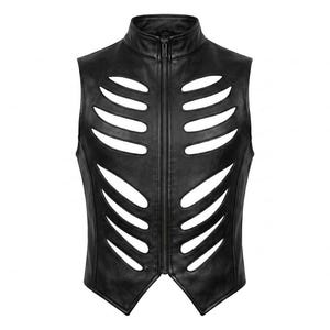 May include: A black sleeveless vest featuring a high collar and a full-length front zipper. The garment is designed with symmetrical, horizontal cut-out slits across the chest and torso, creating a rib-like pattern throughout the front panel.