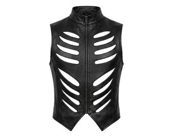 Herren Gothic Skelett Brustkorb Lederweste Rave Outfit | Punk Festival Kleidung tragen