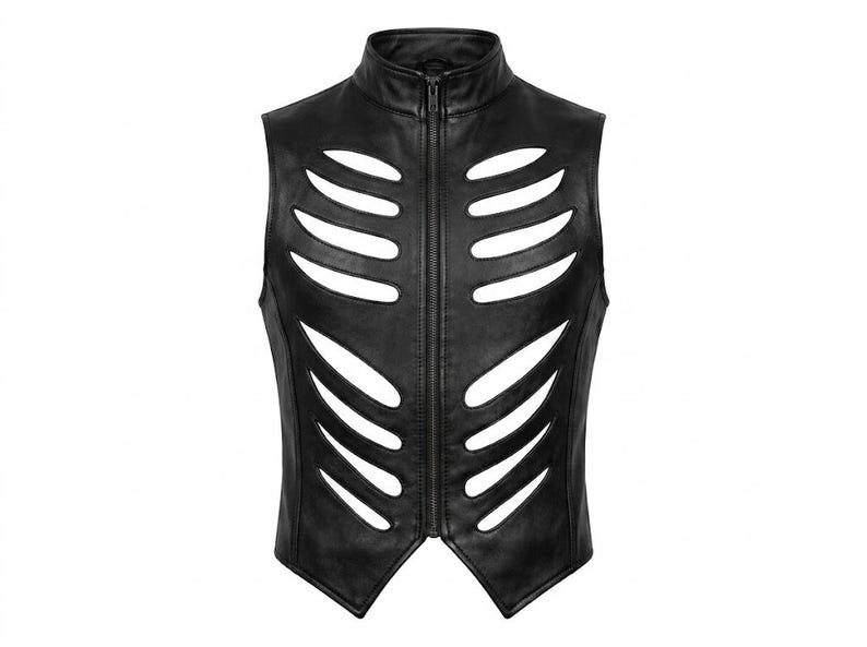 May include: A black sleeveless vest featuring a high collar and a full-length front zipper. The garment is designed with symmetrical, horizontal cut-out slits across the chest and torso, creating a rib-like pattern throughout the front panel.