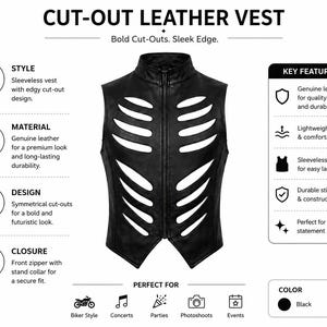 May include: A black sleeveless leather vest featuring a front zipper, a stand collar, and symmetrical rib-like cut-outs on the front panels. The image includes text labels detailing style, material, design, closure, and key features of the garment.