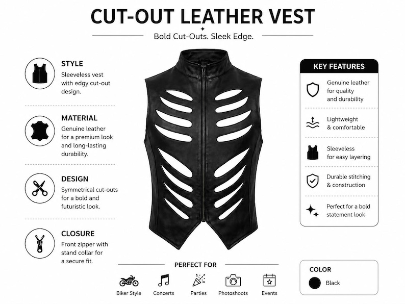 May include: A black sleeveless leather vest featuring a front zipper, a stand collar, and symmetrical rib-like cut-outs on the front panels. The image includes text labels detailing style, material, design, closure, and key features of the garment.