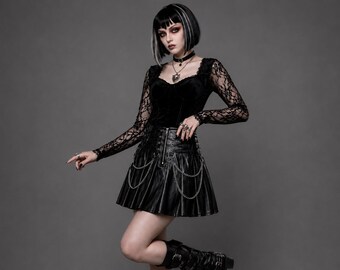 Gothic Black Leather Pleated Mini Skirt with Chains – Punk Lace-Up Skater Style