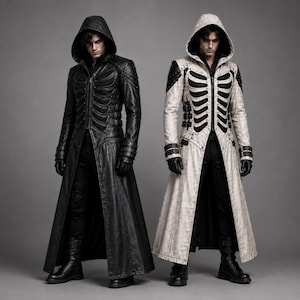 Könnte beinhalten: Zwei lange Mäntel mit Kapuze, einer in Schwarz und einer in Off-White, mit einem markanten, an einen Brustkorb erinnernden Design auf der Vorderseite. Beide Mäntel verfügen über betonte Schultern, mehrere Schnallenriemen und lange Ärmel.