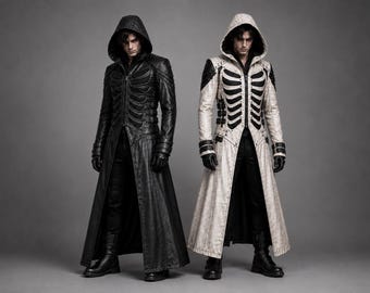 Gothic Hooded Skeleton Trench Coat, Men's Vampire Long Coat, sci-fi costume, Halloween Costume, Dark Fantasy Cosplay halloween harness