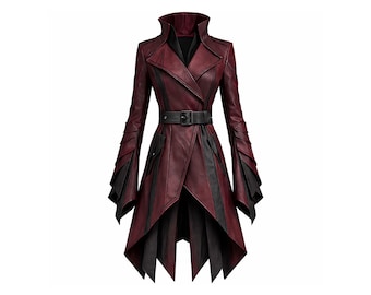 Frauen Dark Fantasy Trenchcoat - Burgunderfarbener Gothic Mantel mit Gürtel für Winter Elegantes Outfit